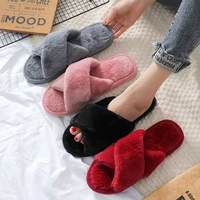 2021 winter faux fur home slippers solid color cross strap fluffy slipper ladies indoor platform open toe female mujeres shoes