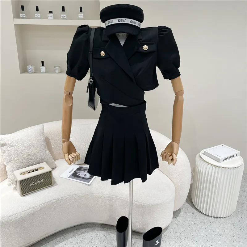 

Niche Design Two Piece Set Women's Spring Summer 2021 Fashion Cross Bandage Short Small Suit Coat + Pleated Skirt