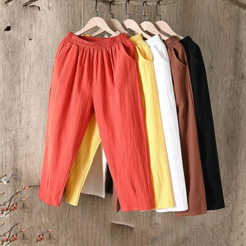 

SHZQ Cotton Linen Pants Women Spring Summer Large Size Solid Color Harem Pants Elastic Waist Loose Casual Woman's Linen Trousers