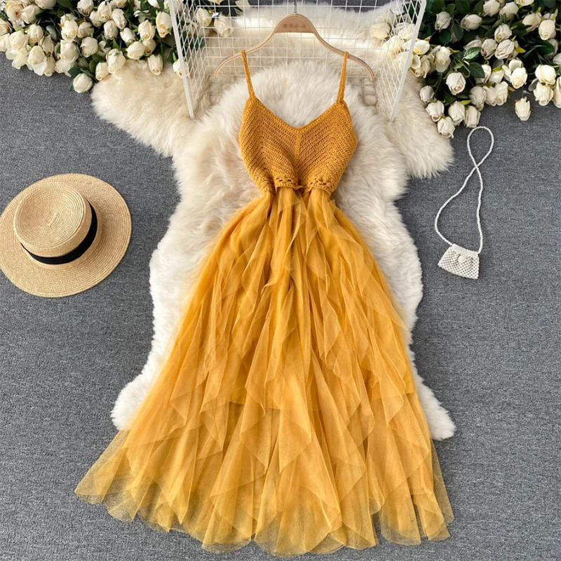 

2022 Summer Lrregular Fairy Mesh Dress Women Sexy V Neck seaside Beach Dresses Vestidos Ladies Spaghetti Strap Party Tulle Dress