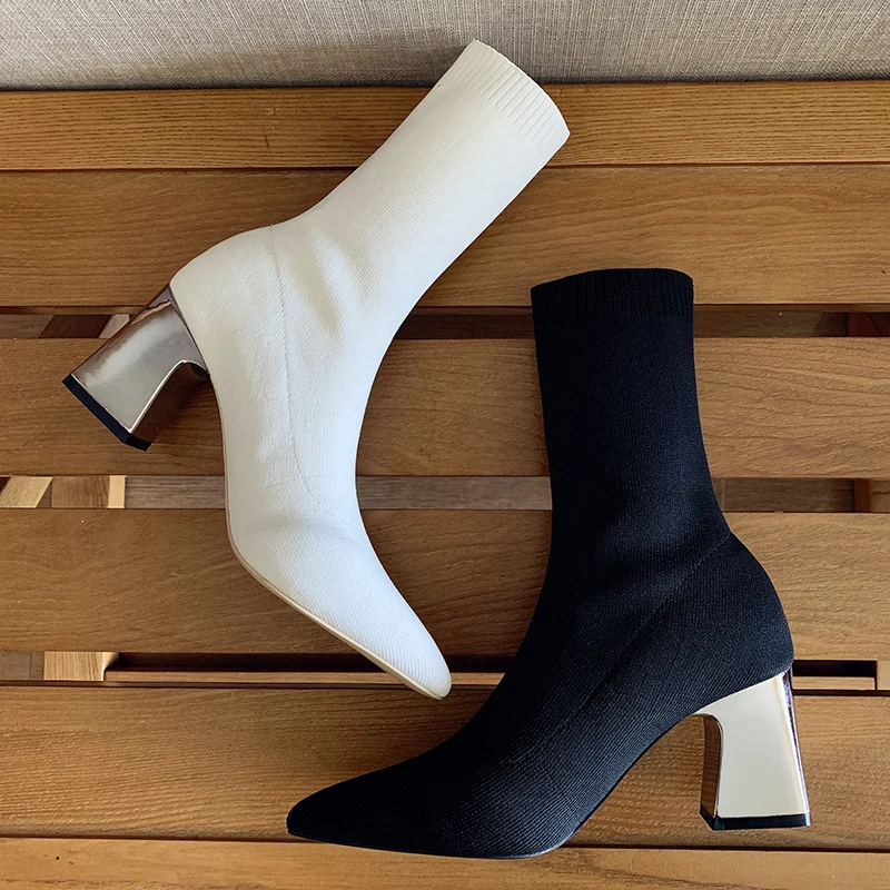 Ботинки EOEODOIT женские эластичные модные вязаные туфли-лодочки на высоком каблуке