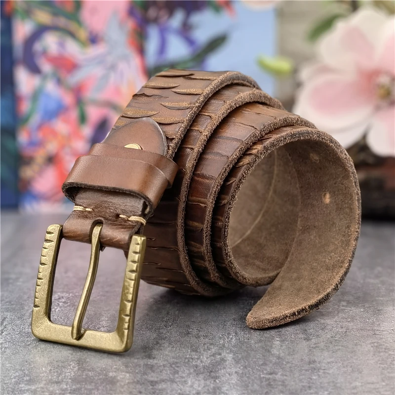 

Retro Brass Belt Buckle Luxury Hand Carved Super Thick Genuine Leather Men Design Belt Ceinture Homme Waist Belt Male MBT0543