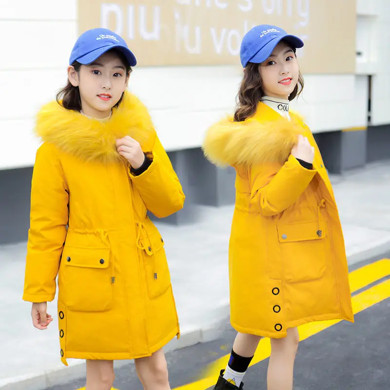 

Winter Polyester Jacket For Girl 2021 Korean Version Fashion Thicken Keep Warm Coat Hooded Mid-Length Casual Children's Clothing