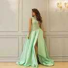 Женское атласное вечернее платье, светло-зеленое элегантное платье А-силуэта с разрезом спереди, длинное кружевное платье для вечерние на заказ