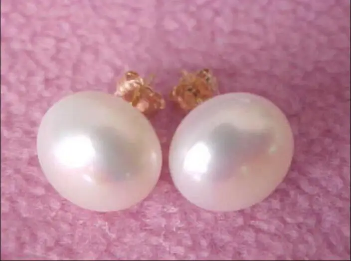 

free shipping Beautiful A pair of natural 11-12mm south seas white pearl earring 14k/20 yellow go