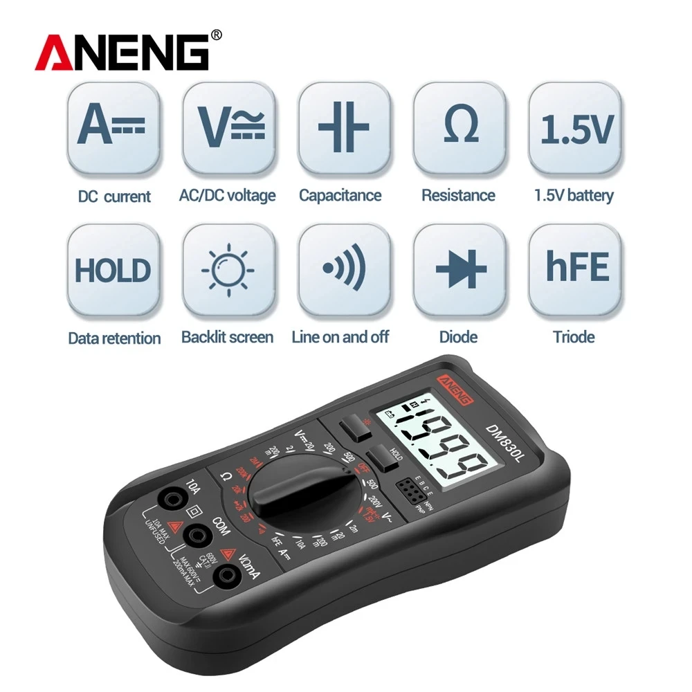 

ANENG DM830L Digital Multimeter Meter Testers 1999 Count Electrical Transistor Capacitance DC/AC Multimetro With LCD Backlight