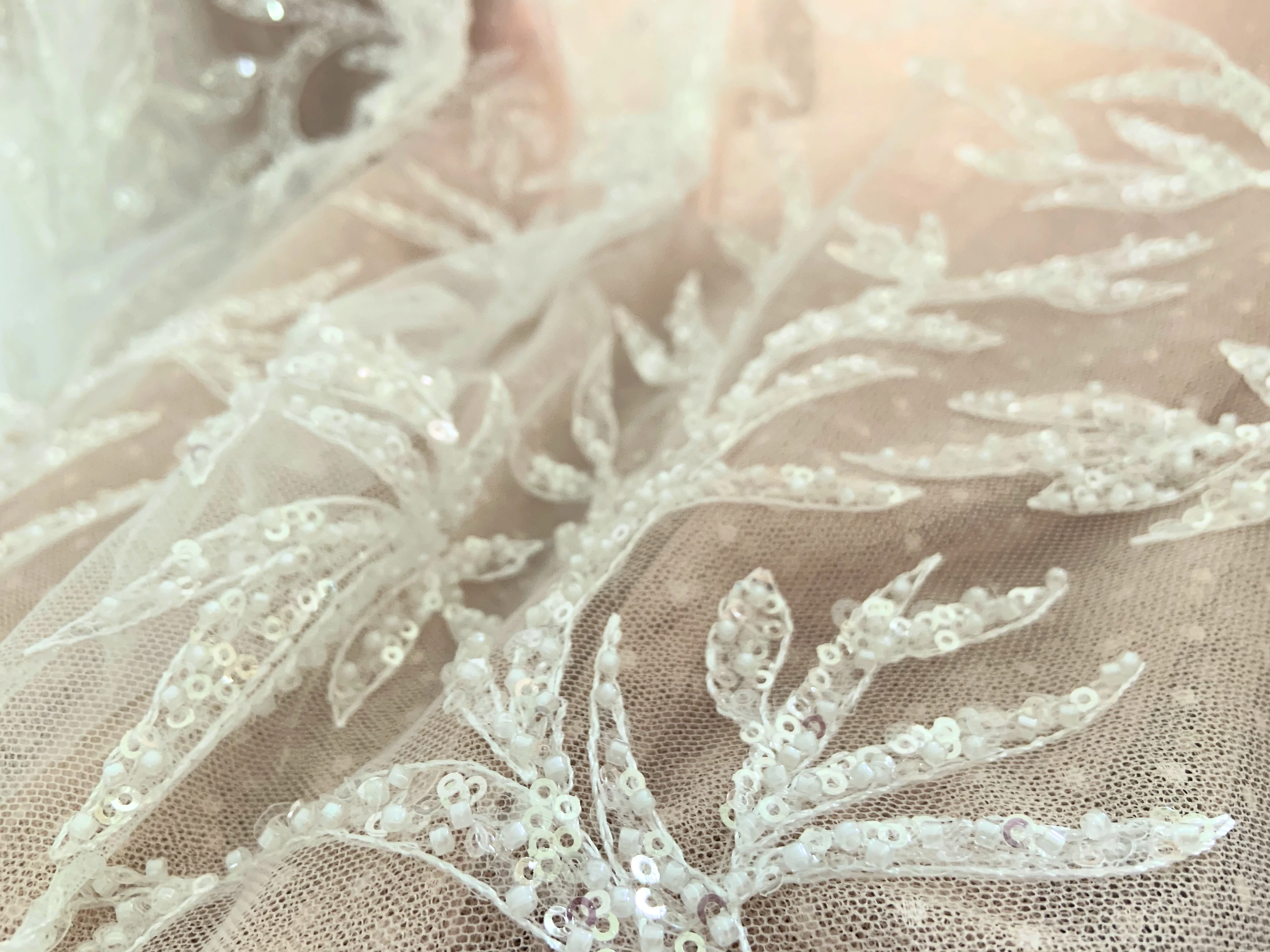 

2020 Ivory wedding dress lace fabric material allover beads and sequins heavy Luxury beading lace Ivory lace with beads 1 yard