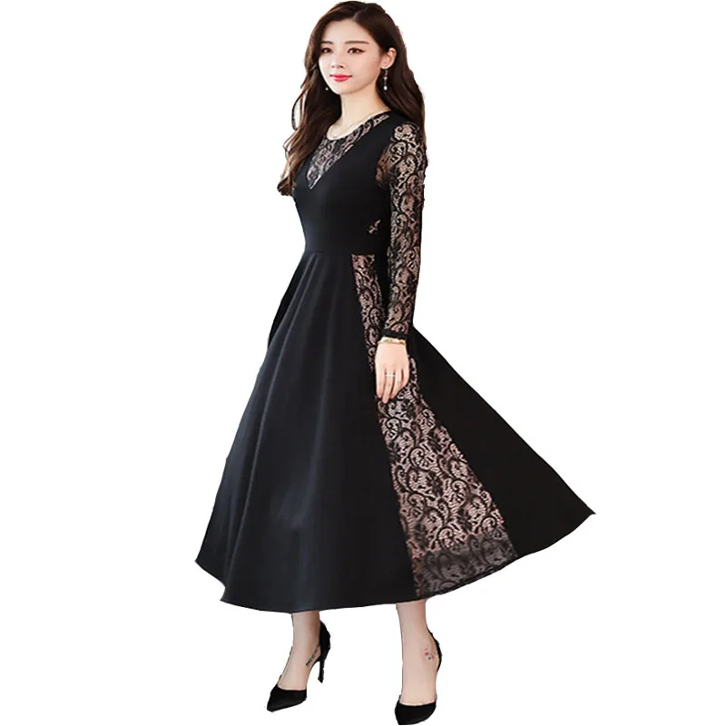 

Dress women's autumn new Korean version slim fashion medium long lace long sleeve temperament waist long dress