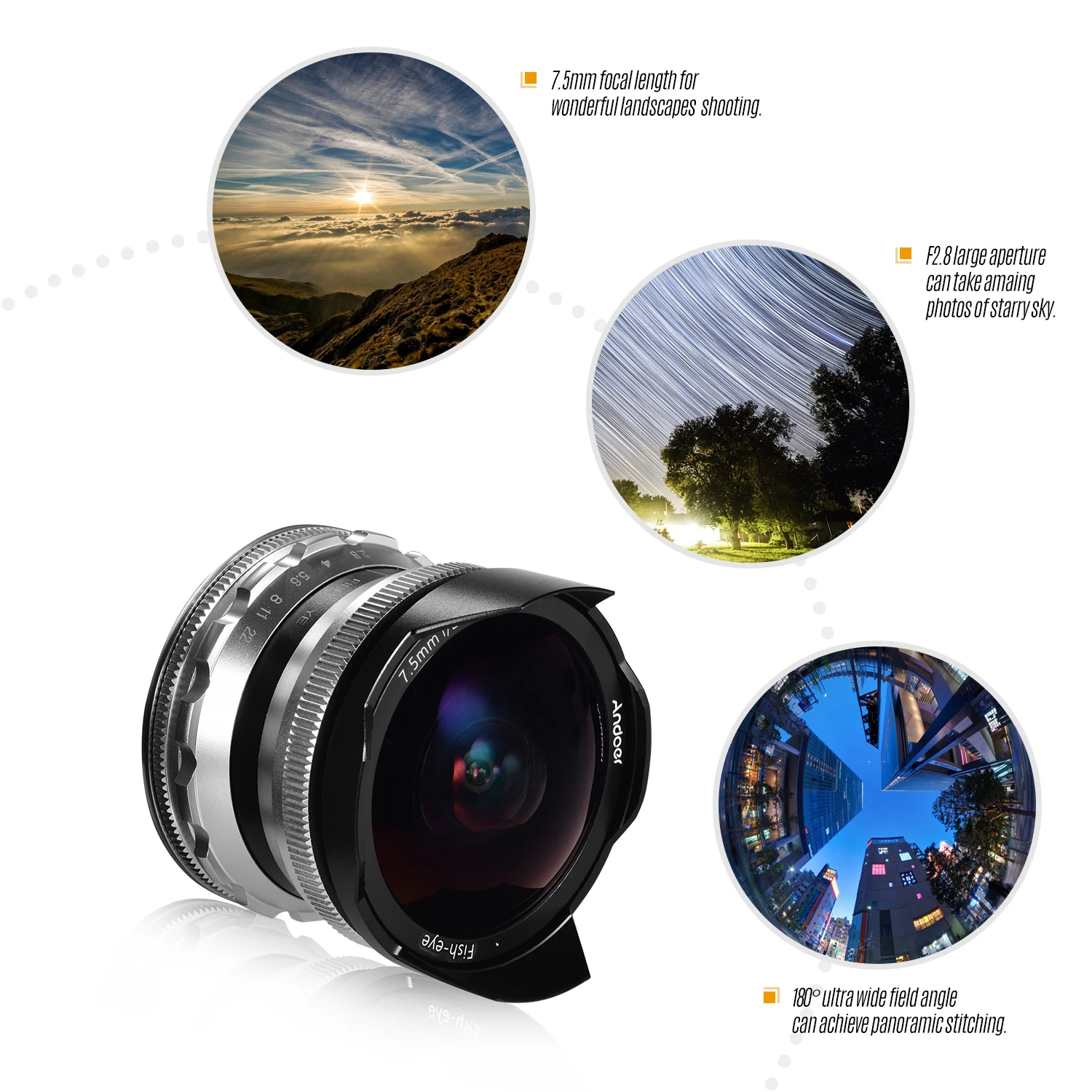 Andoer 7.5mm F2.8 Manual Focus Fisheye Lens 180° Ultra Wide Angle Large Aperture for Sony APS-C Frame ILDC Camera A6300 A6000 |
