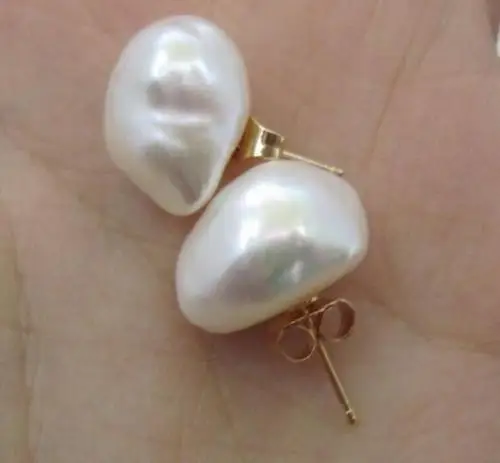 

free shipping AAA 11x13mm South Sea White Baroque Pearl Earrings 14k/20 YELLOW GOLD