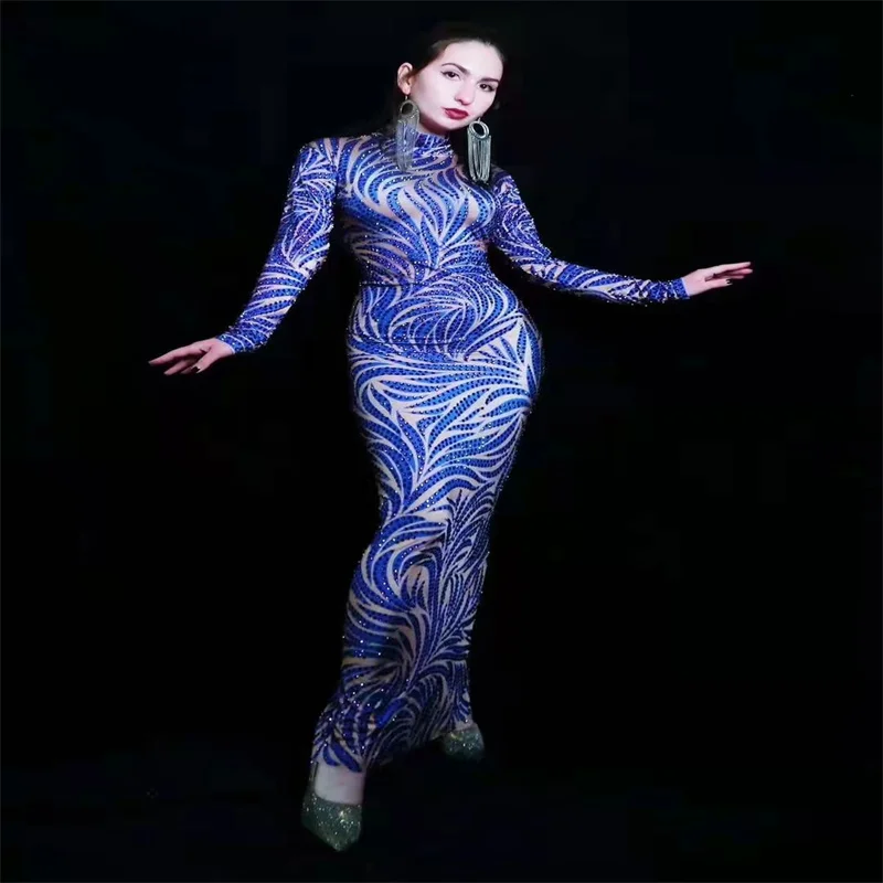 

WA14 Singer Stage Performance Long Sleeve Rhinestones Evening Dress Blue Diamonds Stretched Split Skirt Bar Printed Outfit DJ