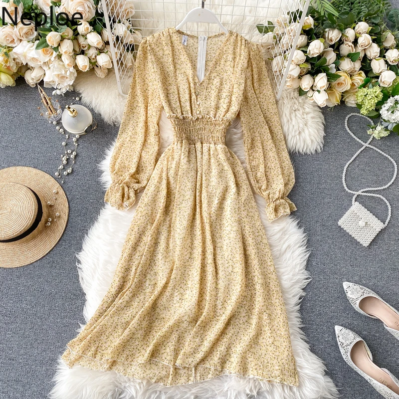 Шикарное шифоновое платье Neploe в Корейском стиле с высокой талией принтом виде