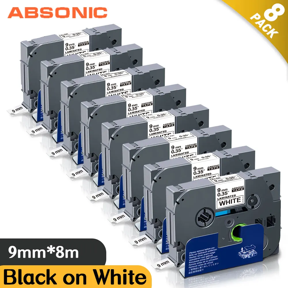 

Absonic 8PK for 221 9mm Labels Tape Brother Laminated Label 221 Black on White Cassette Ribbon Compatible for Brother Maker