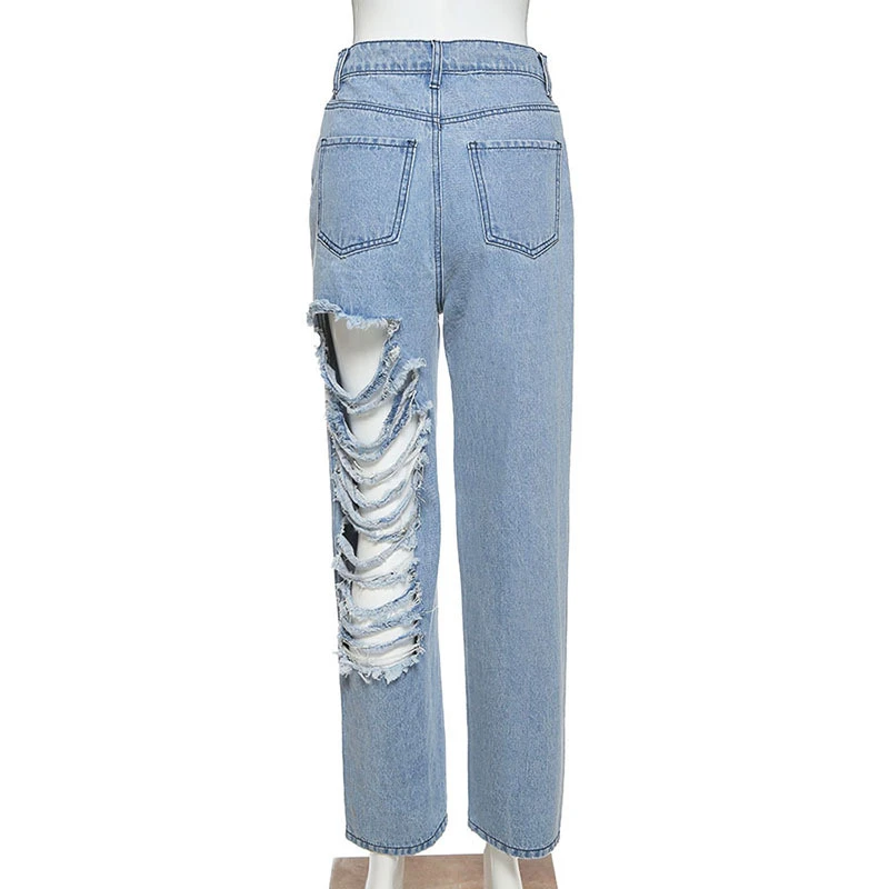 

2021 New Women Fashion Casual Jeans Hole Full Length Denim Pants Slim Pocket High Waist Summer Female Trousers Streetwear Pant