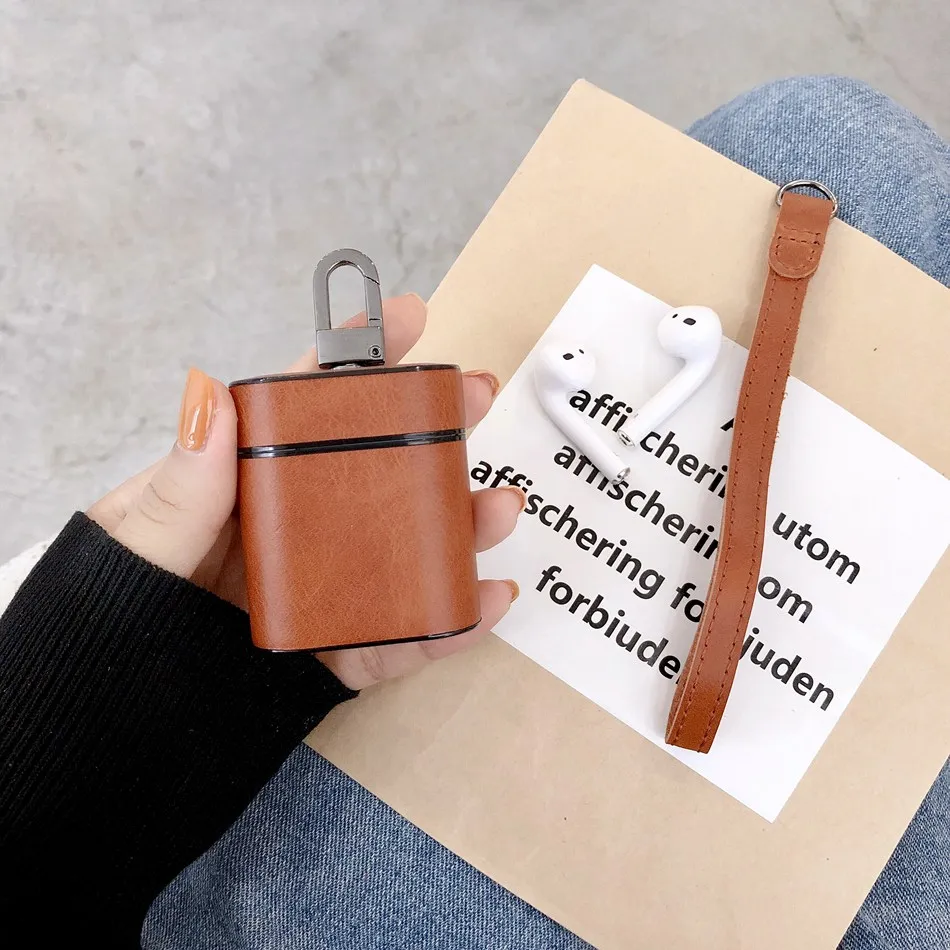 Axbety для AirPods 2 Чехол кожаный чехол для наушников Чехол коробка для Apple Airpods 1 2 Чехол Мягкая микрофибра жесткий чехол - Цвет: Brown With Strap