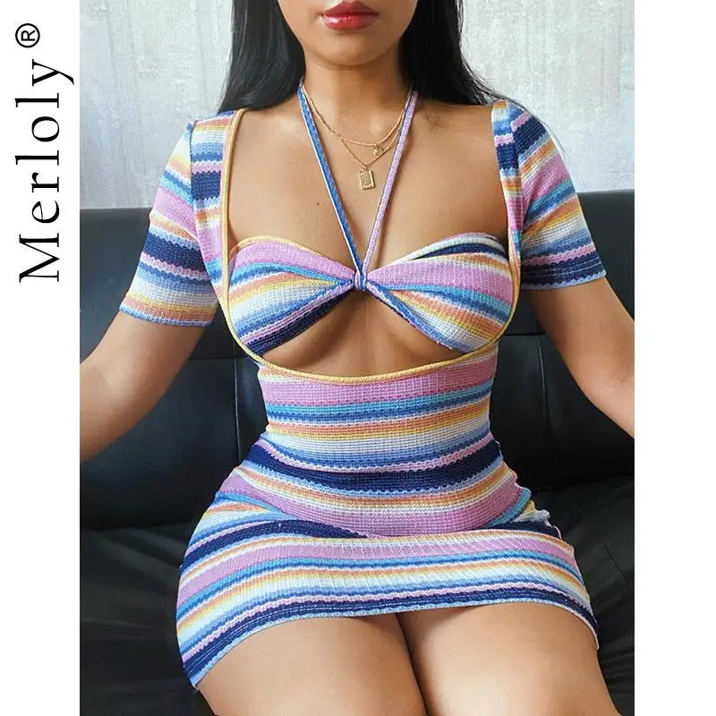 

Women Low Cut Out Mini Dress Outfits Sexy Slim Short Sleeveless Knitted Nightclub Party Dresses Halter Camis Top 2021 Summer