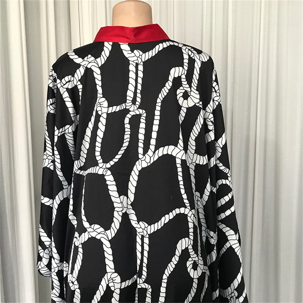 

Geometric Print Muslim Dress Women Dubai Turkish Long Robe Kimono Bow Collar Ethnic Style Dresses Oversize Islamic Clothing