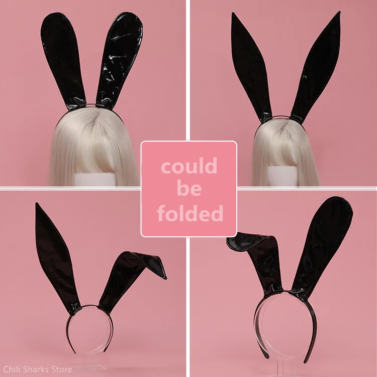 

2021 Halloween Party Cute Bunny Girl Rabbit Ears Cosplay PU leather Sexy Headband Black Kawaii Headwear Hair Accessories