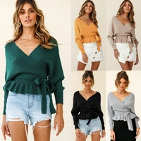 2021 fashion casual women short sexy v neck knitted top long sleeved solid color oversize loose sweater jacket