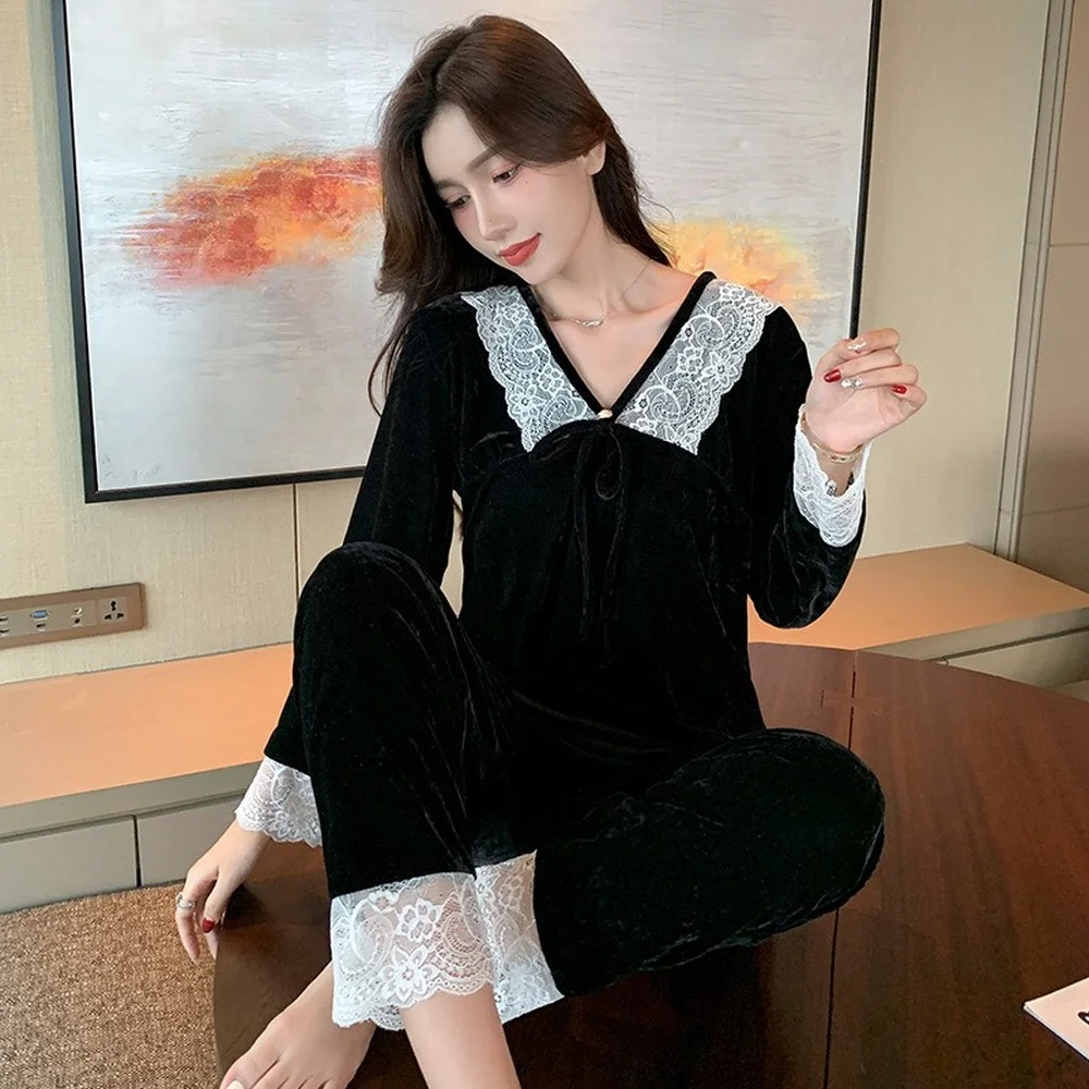 Gold Velvet Pajamas for Women Winter Long-sleeved Trousers Cute Loose Princess Home Service Suit Women's Pajamas Sets Nightwear