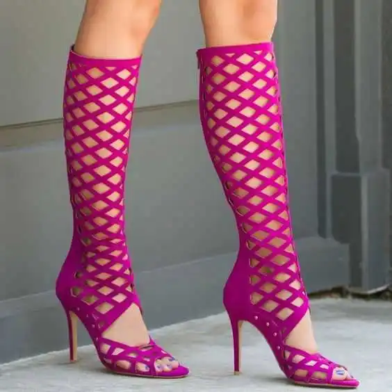 

New solid color laser hollow out sexy fashion high top boots High Heel Sandals