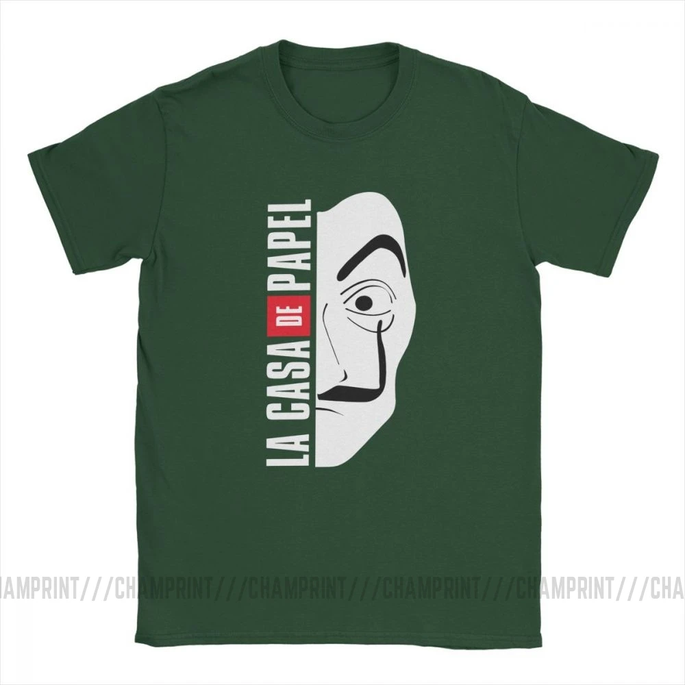 Forest Green La Casa De Papel маска Мужская футболка Money Heist Винтаж хлопок House Of paper футболки с круглым вырезом футболки размера плюс Топы - Color: Forest Green