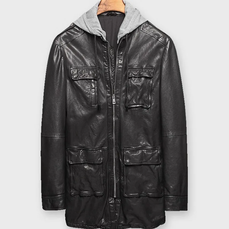 Модные весенне-осенние мужские тренчи средней длины из овчины с капюшоном и