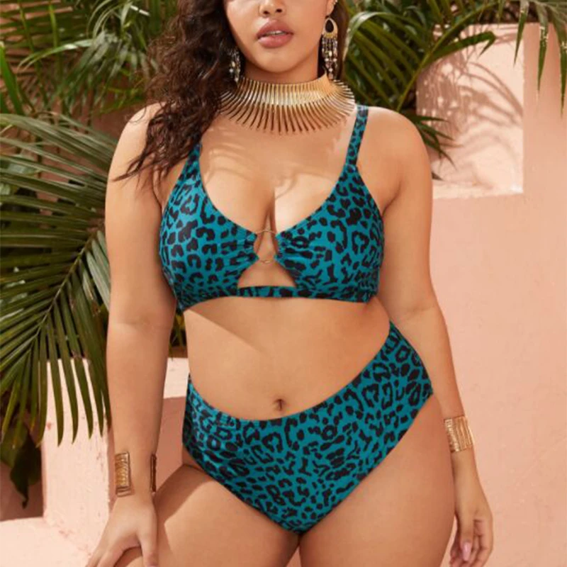 

Plus Size Leopard Ring Linked High Waist Bikini Sets For Women's Push Up Swimsuit 2022 Sexy Large Size Swimwear 4XL Beach Wear