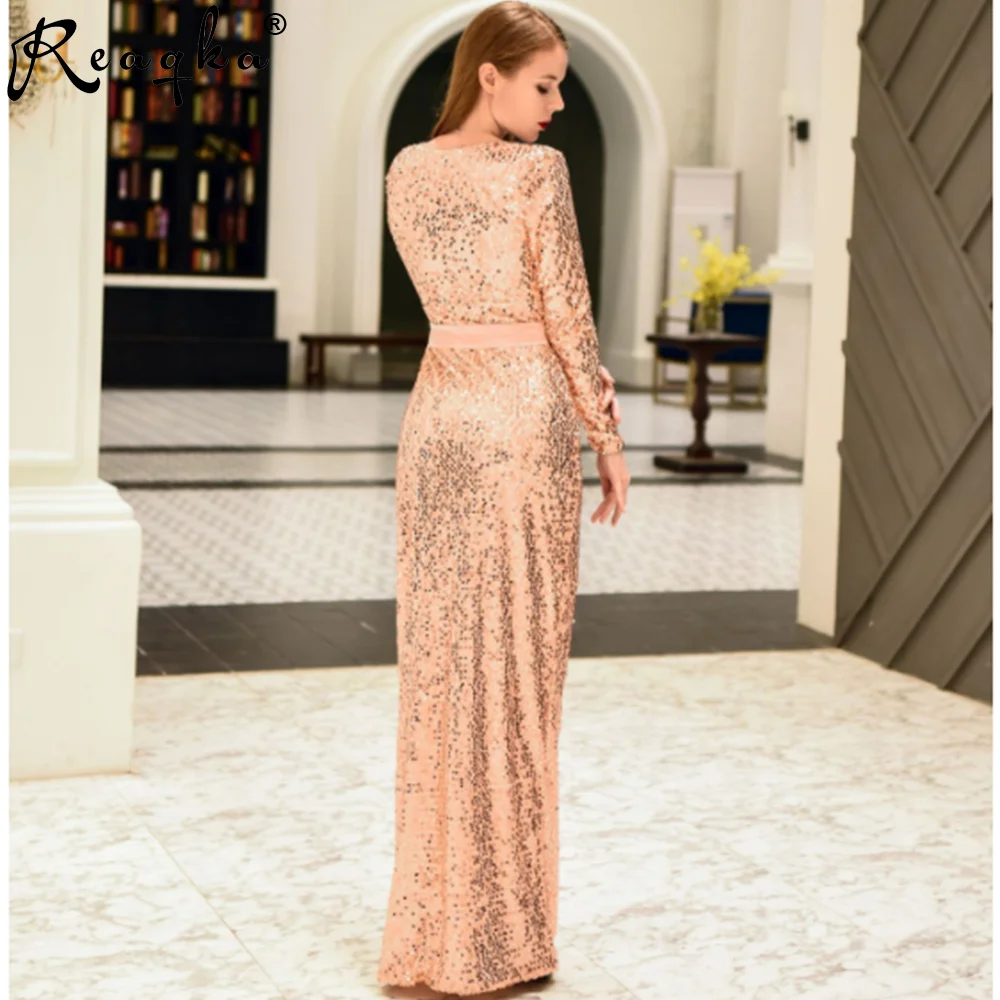 

Reaqka Women's Sexy Pink Deep V-neck Hollow Belt Bow Dress Long Sleeve Glitter Sequin Elastic Material Party Dress Long Dresses