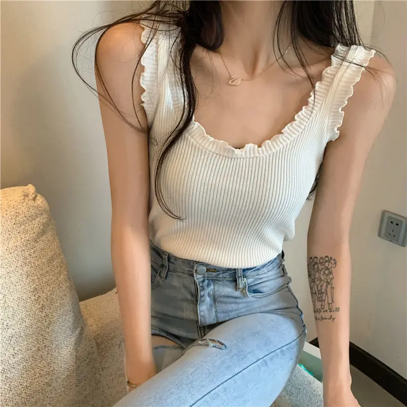 

Summer Ladies Ruffles Vest Women Breathable Knitted Sleeveless Basic Tank Top Femal Losse Tank Top
