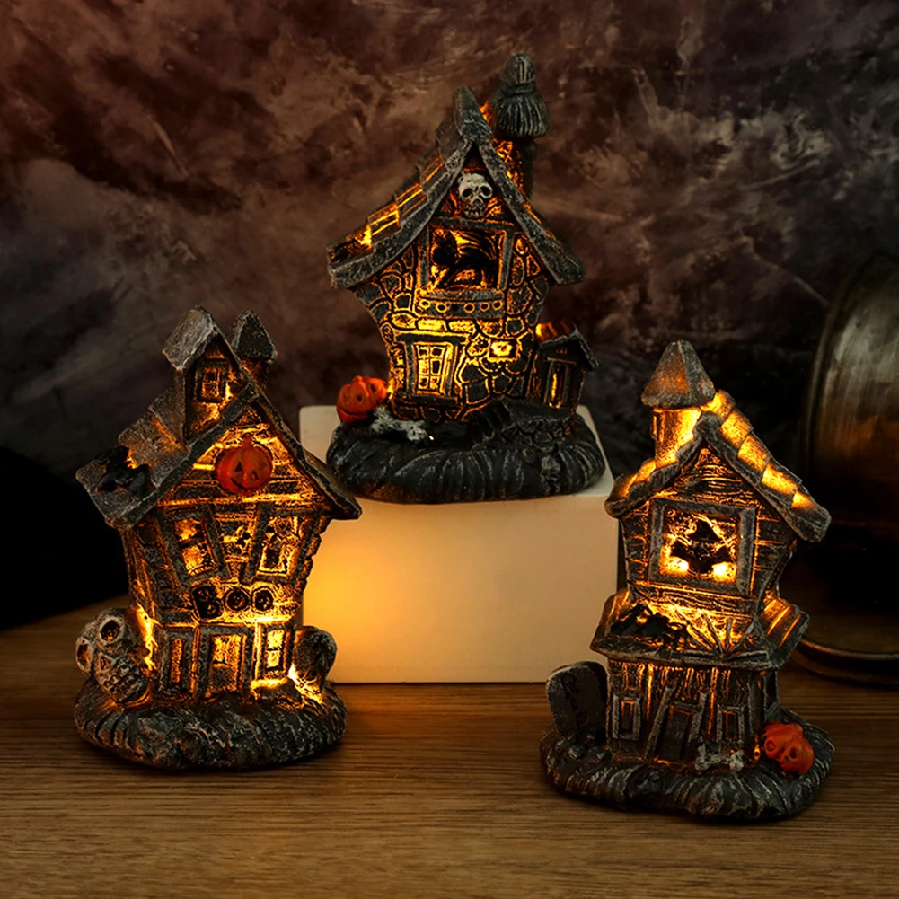 

Halloween Haunted House Lamp Pumpkin Skull House Resin Sculpture with Light Desk Garden Home Room Holiday Party Scary Ornament