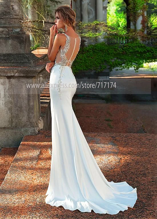 Luxury Crystal Beading Mermaid Long Wedding Dress Illusion Tulle Back Sweep Train Floor Length Bridal vestido de noiva | Свадьбы и