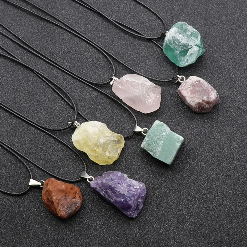Irregular Natural Healing Stone Pendants Pink Quartz Fluorite Purple Crystal Pendulum Necklace For Women Men Jewelry