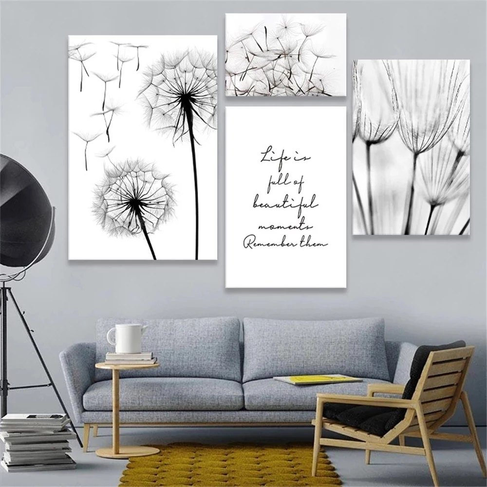 

Black White Canvas Painting Dandelion Poster Quotes Art Prints Plant Posters Minimalist Print Nordic Wall Pictures Home Decor