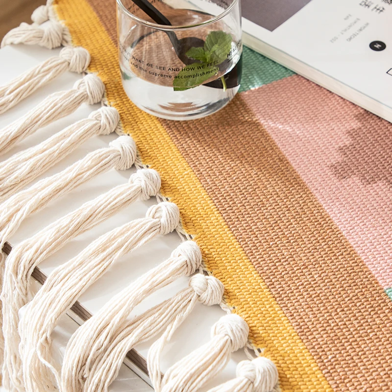 

Bohemian Decoration Wall Printed Tapestry Exquisite Cotton Linen Yarn Weaving with Tassels for Home Hotel Office Farmhouse Decor