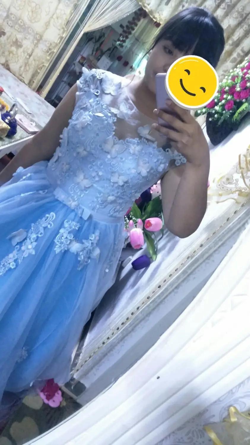 Женское вечернее платье А силуэта небесно голубое формальное до пола с цветами и