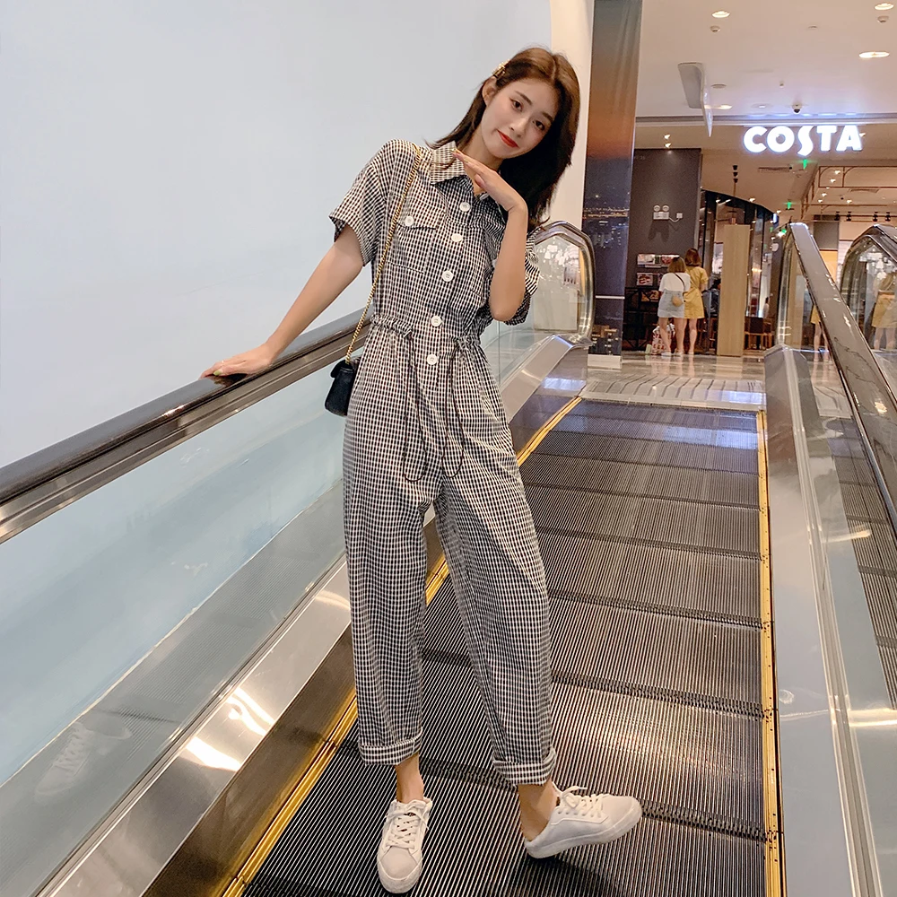 

Summer Women Short Sleeve Drawstring Waist Slim Casual Plaid Jumpsuit One Piece Straight Pants Female Streetwear Overalls Romper