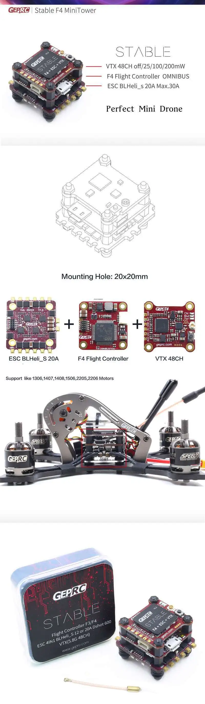 Geprc 20x20 мм стабильное Flytower 20A 12A BL_S ESC F4 игровые джойстики и 48CH 25/100/200 мВт VTX для 100-130 мини гоночный автомобиль с видом от первого лица