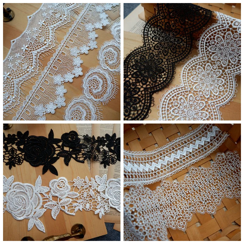 

dress salon lace material factory price 9 Styles, 5 yards=1lot, IVORY, Black water-soluble hollow out lace trim border 2021