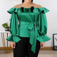 blouses for women high quality off shoulder ruffles long lantern sleeves evening party fashion tops with waist belt spring xxl