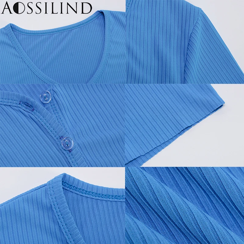 

AOSSILIND Short sleeve buttons sexy crop tops 2020 summer women stretchy cardigan T-shirts streetwear