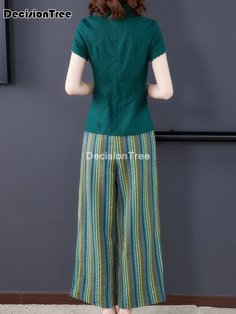 

2021 traditional chinese cheongsam suit clothing woman cotton linen uniform top+pants set chinese tang suit oriental lady set