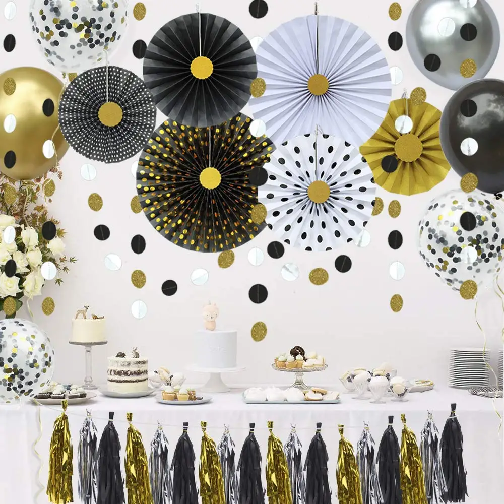 

2022 Graduation Party Supplies Black Gold Silver Paper Cap Banner Hanging Paper Fan Flower Balloons Grad Party DIY Decoration