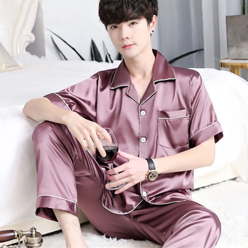 CAIYIER Summer Men Pajamas Set Short Sleeve Blue Male Sleepwear Soft Casual Fashion Men's Silk Nightwear Long Pants Loungewear