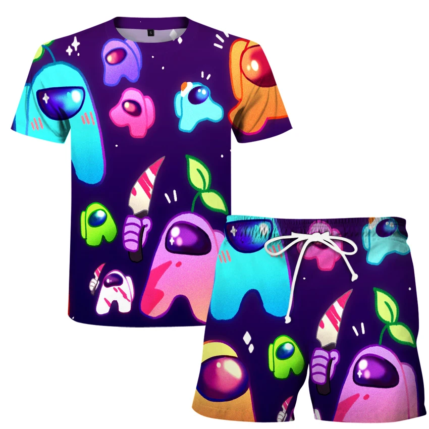 

2021 new European and American fashion hot summer short sleeve T-shirt + Shorts 2 sets of digital printing cartoon sports short