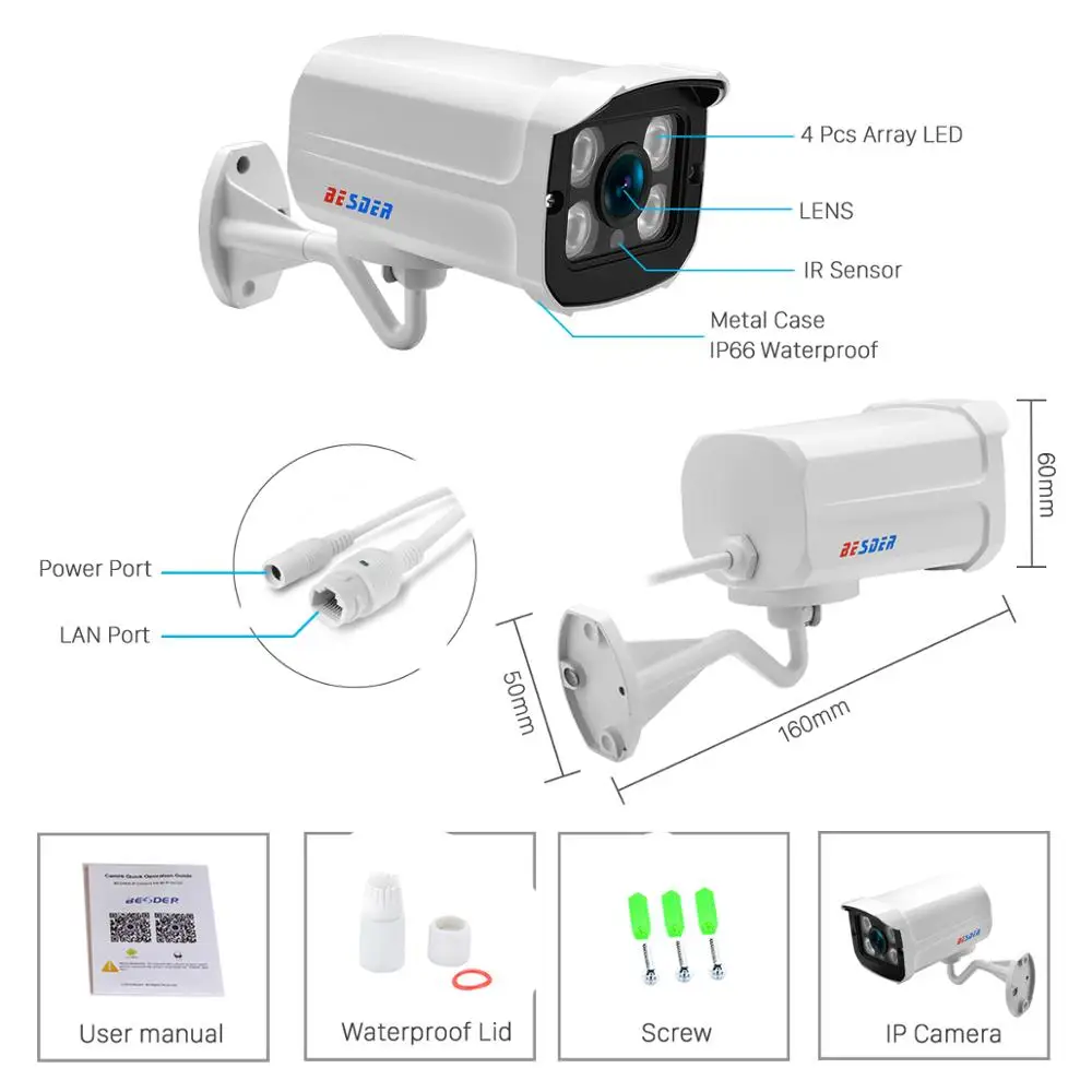 

BESDERSEC Ultra HD 5MP IP Camera Outdoor IP66 Waterproof PoE Camera Night Vision Onvif Auido Record CCTV Surveillance iCSee