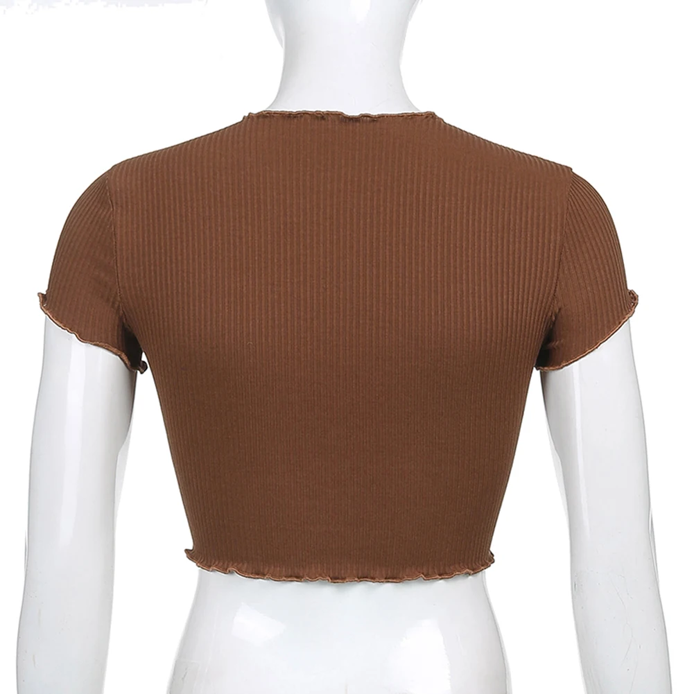 

Women T-shirt Spring/Autumn Patchwork Ribbed Ruffles Brown Tops 90s Vintage O-neck Short Sleeve Crop Top Mushroom Embroidery Top