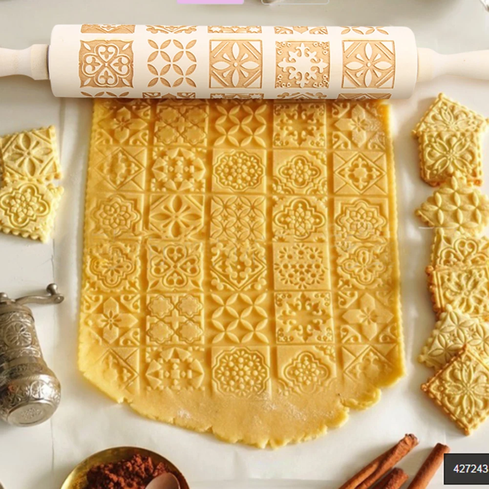

Wood Embossing Rolling Pin Fondant Dough Vintage Pattern Engraved Roller
