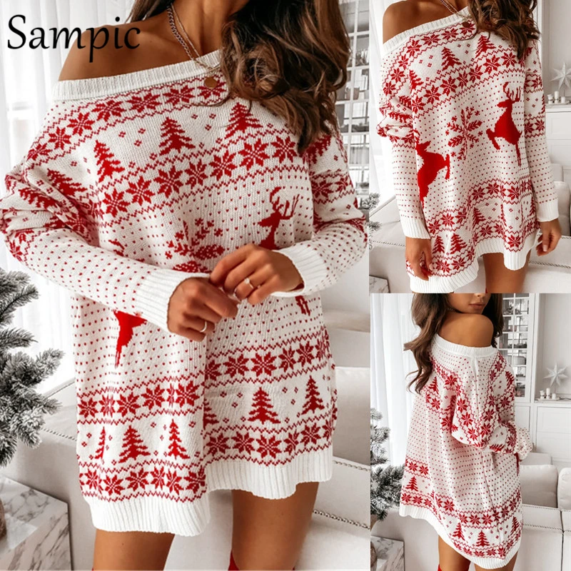 

Sampic 2020 Christmas Sweater Long Women Knitted Pullovers Long Sleeve Party Mini Oversized Loose Sweater Jumpers Winter Autumn