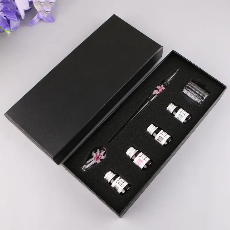 

7PCS/SET Handmade Floral Glass Pen Dip Writing Ink Signature Pens Set for School Stationery Gifts Art Decoration Supplies